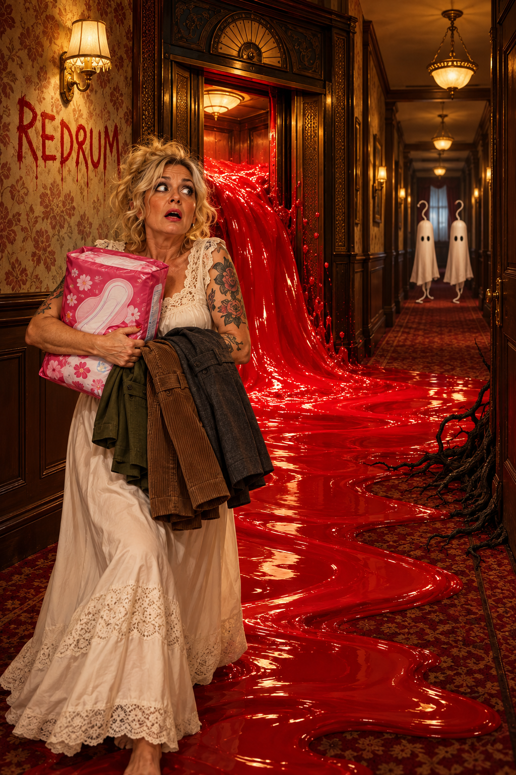 Eine tätowierte blonde Frau im weißen Nachthemd klammert sich an eine riesige Bindenpackung und drei Hosen. Aus einem alten Hotelaufzug strömt eine theatralische rote Flut. REDRUM steht an der Wand, tamponförmige Geister warten im Flur und dunkle Wurzeln kriechen über den Boden.