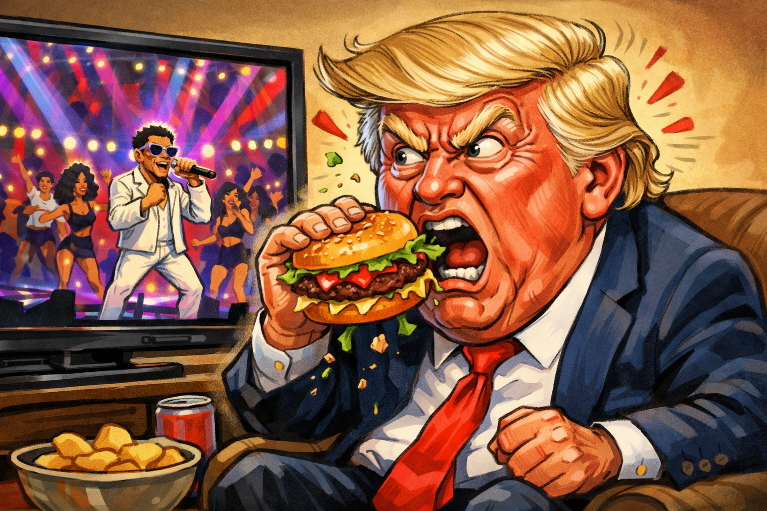 Donald Trump  watching the Super Bowl Half Time Show