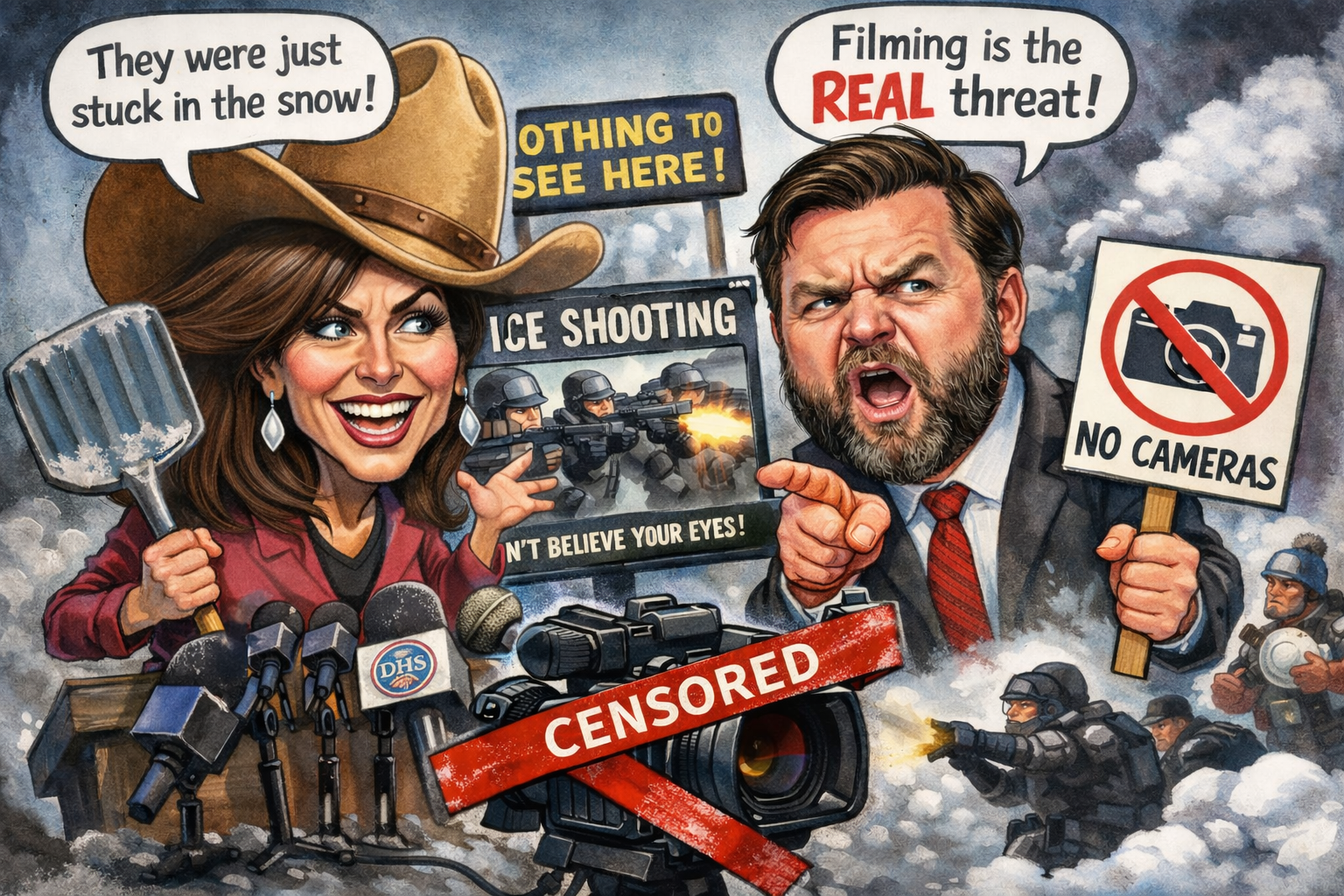 ICE shooting satire: officials dismiss video and attack filming. Satirical caricature showing Kristi Noem wearing a cowboy hat and JD Vance holding a “No Cameras” sign as officials downplay an ICE shooting and attack filming