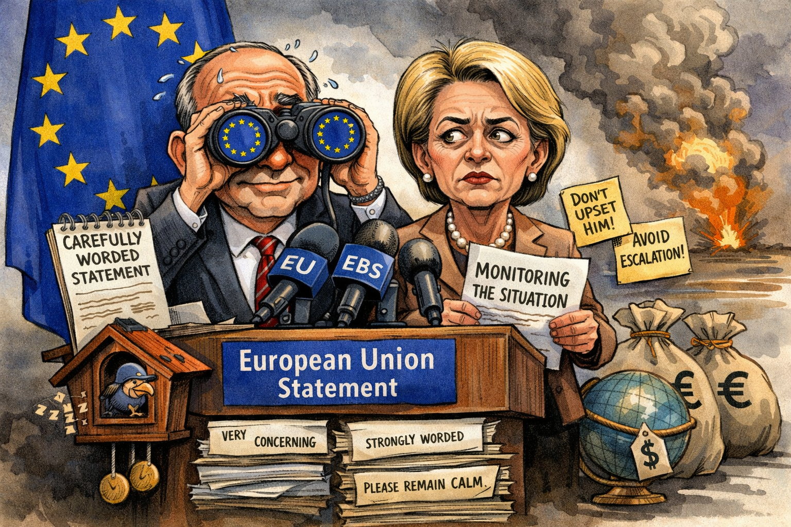 Satirische Illustration zur tief besorgten, folgenlosen Presseerklärung der EU.
