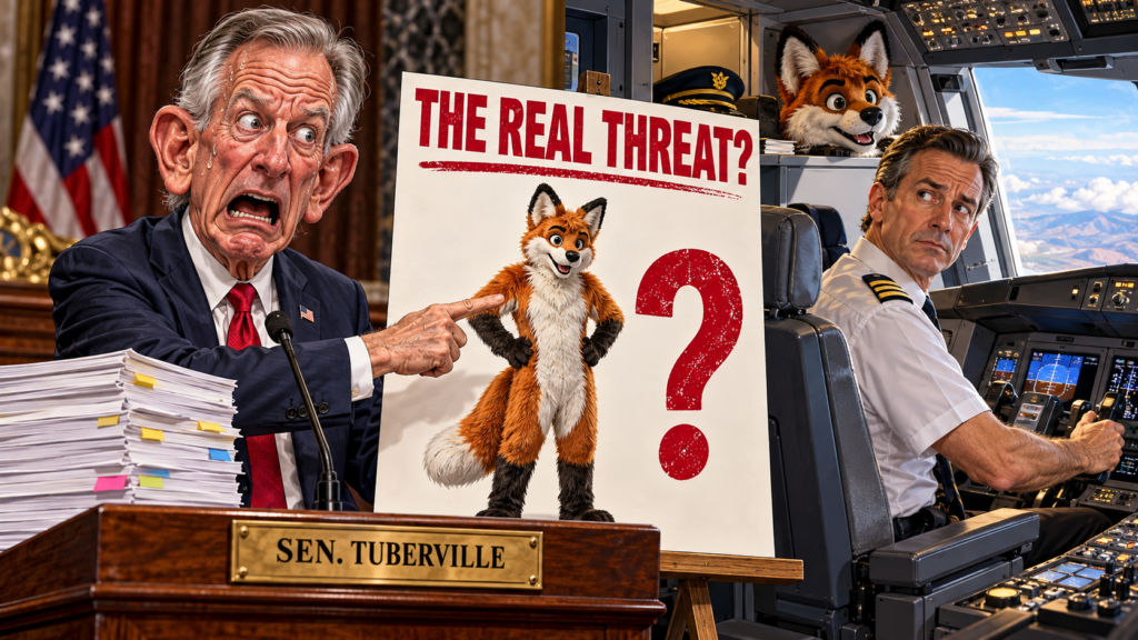 Satirical caricature of Tommy Tuberville panicking over a furry costume while a composed airline pilot flies the plane.