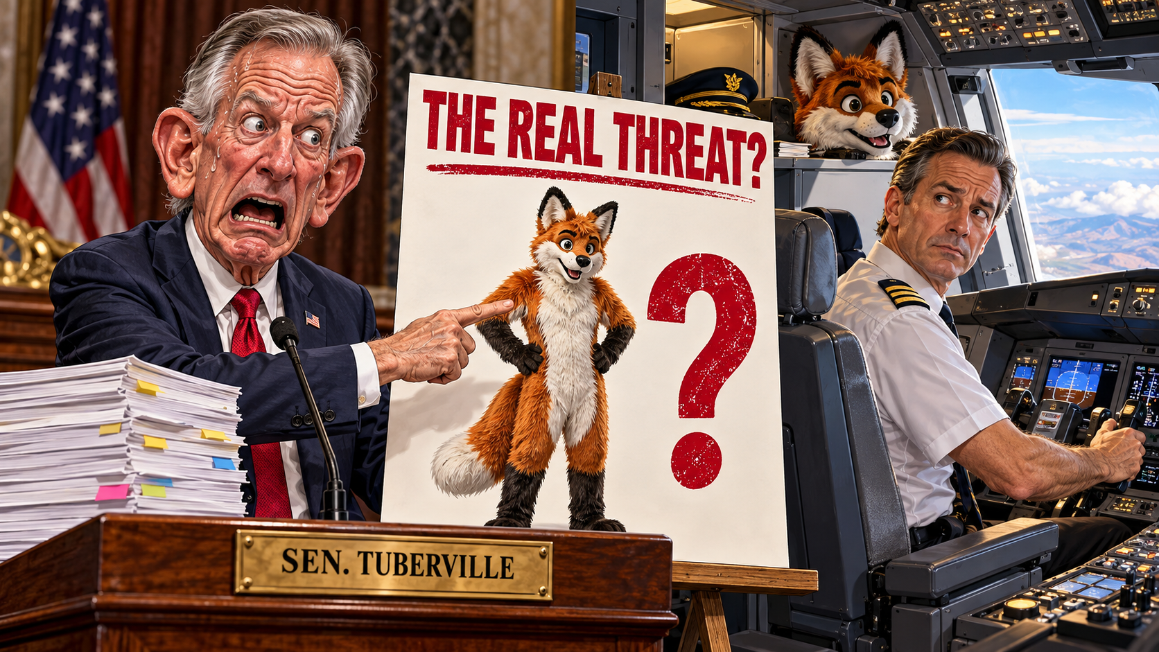 Satirical Tommy Tuberville panics over a furry costume beside a composed airline pilot.