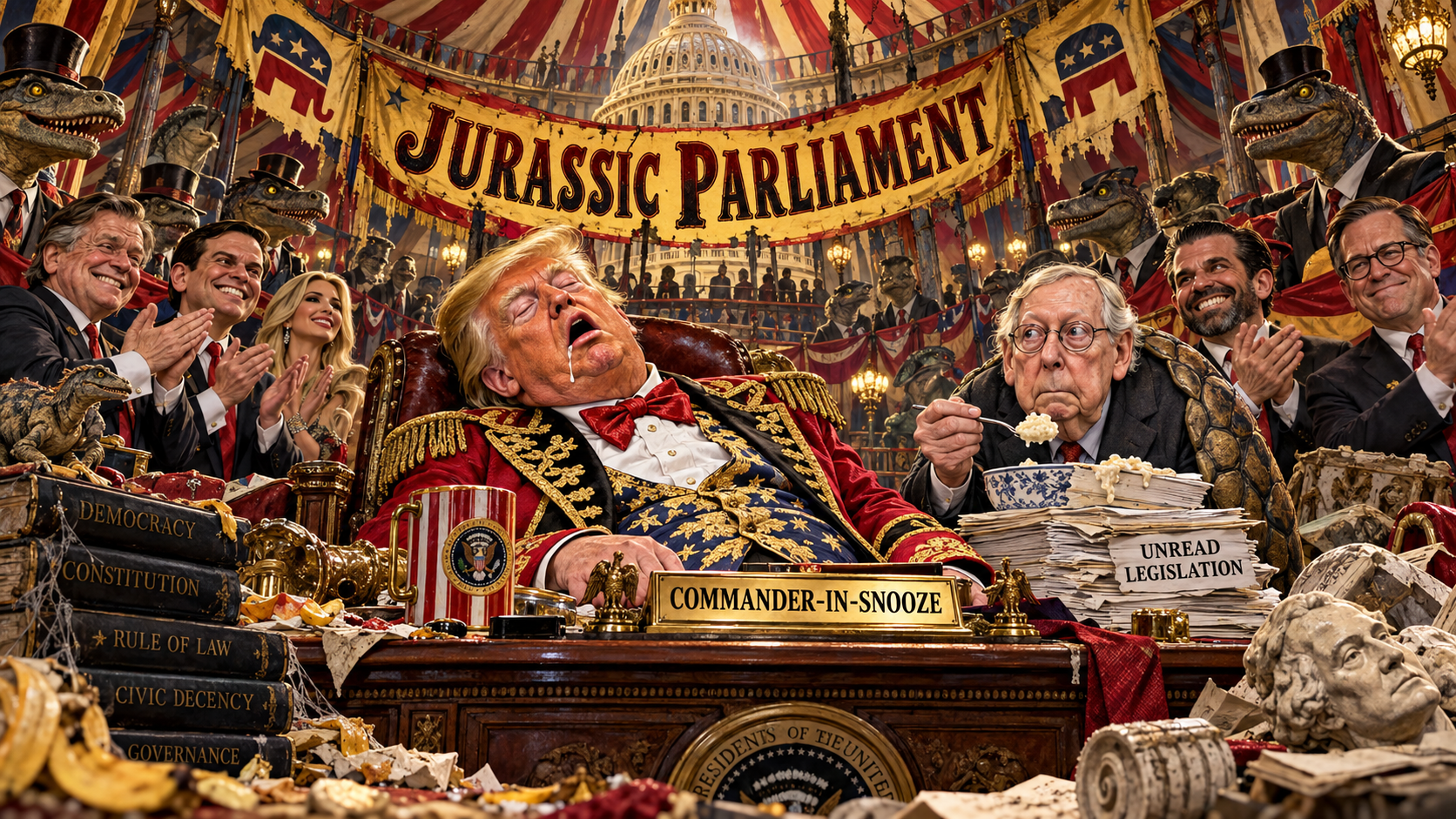 Political caricature of Trump sleeping as a circus ringmaster beside McConnell eating rice pudding.
