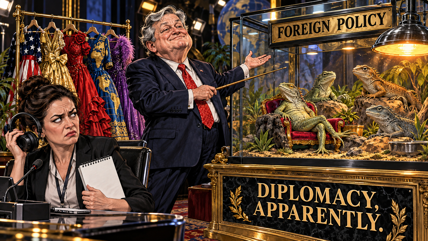 Satirical John Kennedy presents a reptile enclosure as foreign policy while an interpreter looks appalled.