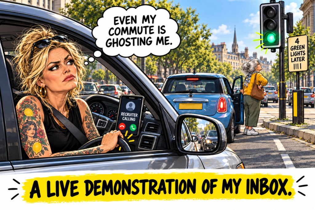 Satirical illustration of a frustrated driver receiving a recruiter call while the driver ahead inspects a green traffic light.