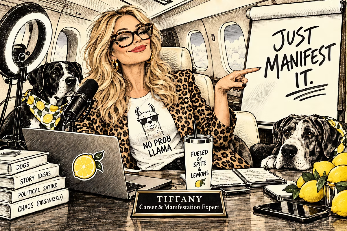 Tiffany Hustleworth in a leopard-print blazer, recording career advice with two dogs beside a “Just manifest it” board.