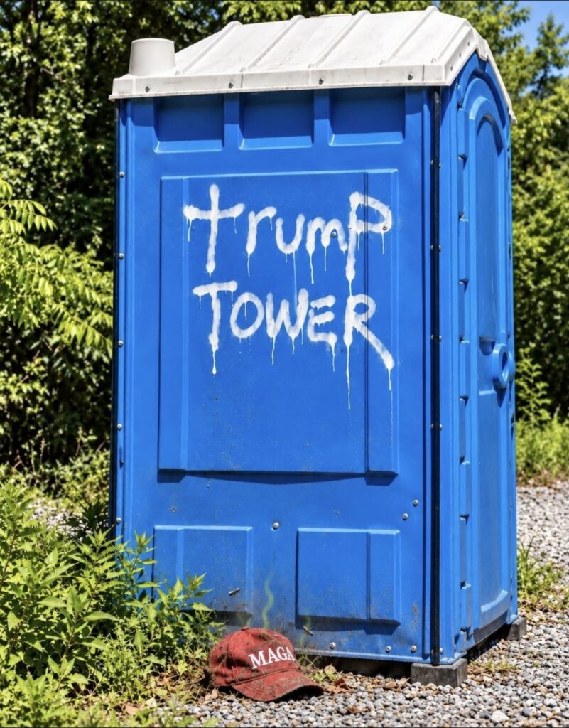 Blue portable toilet labelled “Trump Tower”, with a discarded red MAGA cap at its base.