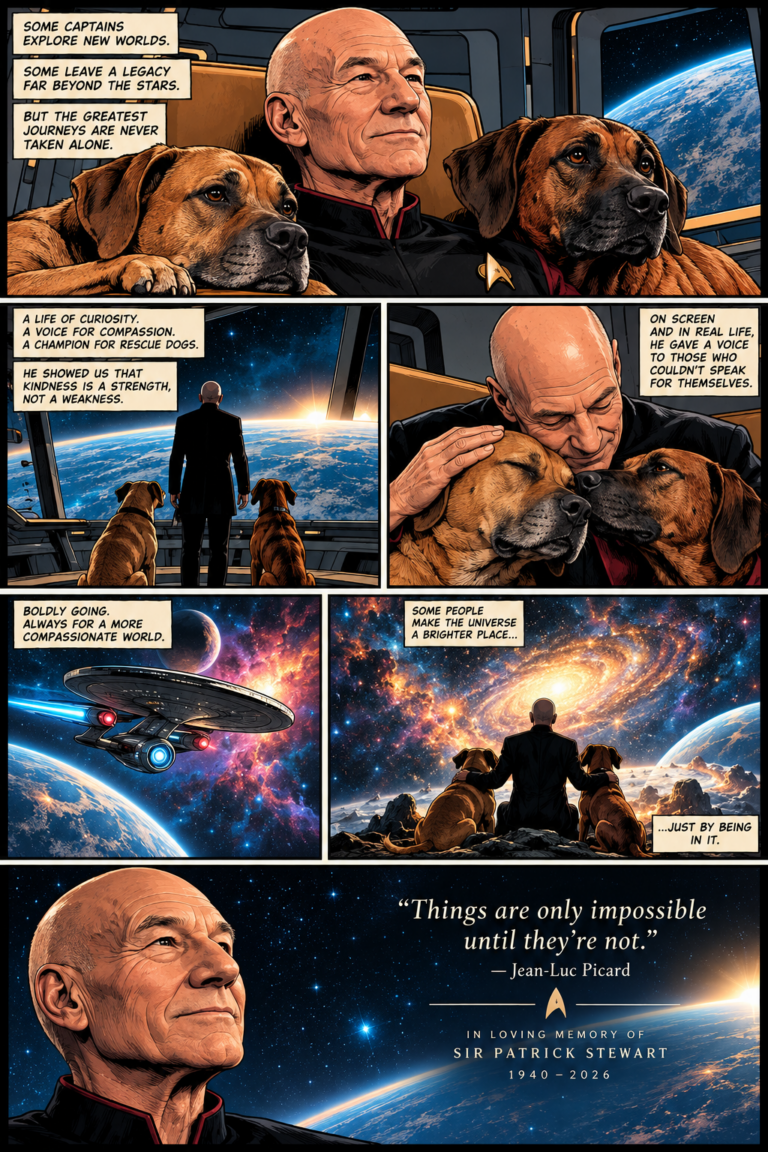Tribute comic imagining Sir Patrick Stewart as Captain Picard on a final space voyage with Eazy and Hazel, celebrating compassion and rescue dogs.