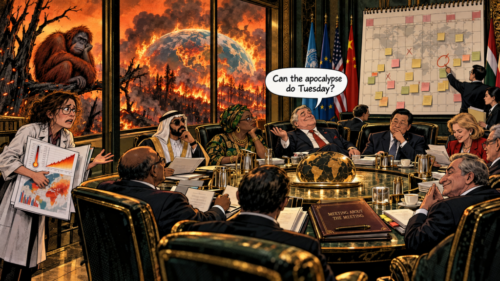 Dystopian cartoon of officials holding a climate meeting while the world burns outside, asking whether the apocalypse can wait until Tuesday.