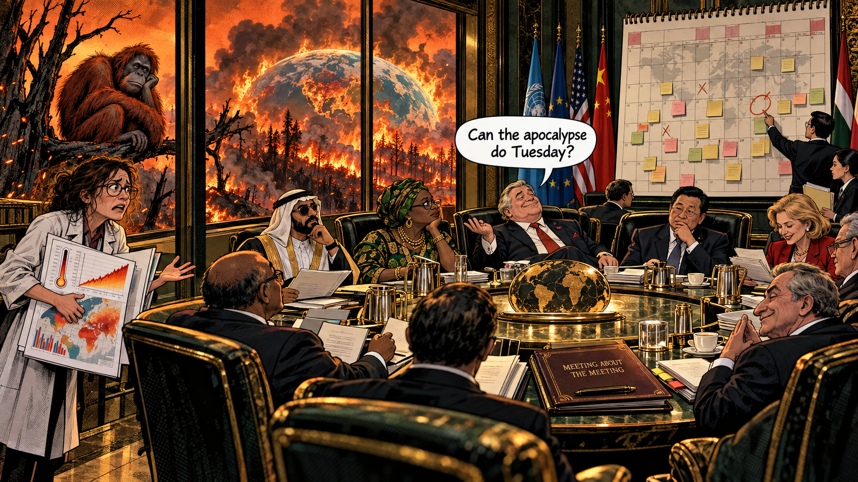 Dystopischer Cartoon: Regierungsvertreter halten eine Klimasitzung ab, während draußen die Welt brennt. Ob der Weltuntergang bis Dienstag warten könne?