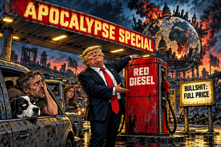 Satirical comic-book cartoon of Trump offering red diesel at an apocalypse petrol station while a cracked globe burns and an unimpressed dog watches.