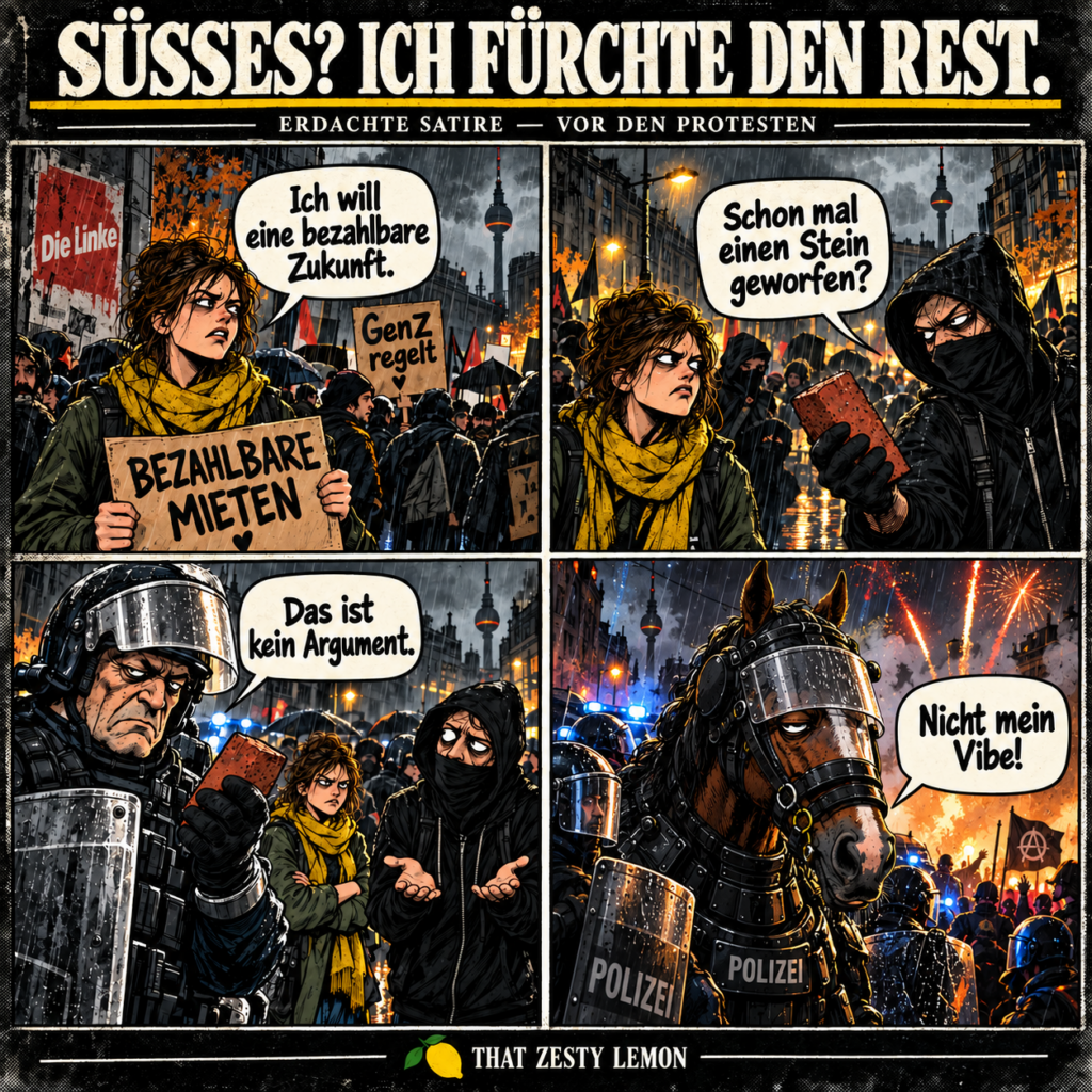 Erdachte Noir-Satire vor den Halloween-Protesten: friedliche Demonstrantin, vermummter Steinträger, erschöpfter Polizist und Polizeipferd in Schutzausrüstung mit „Nicht mein Vibe!“.