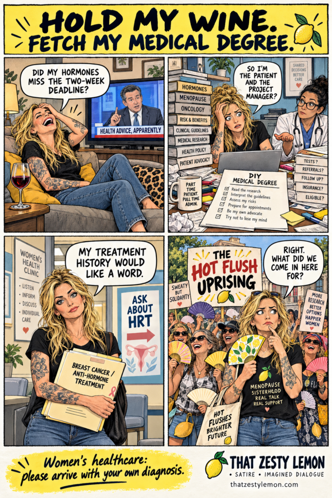 Four-panel satire: a blonde woman laughs at TV menopause advice, becomes her own medical project manager, raises her breast cancer treatment history, and leads a forgetful hot flush uprising.