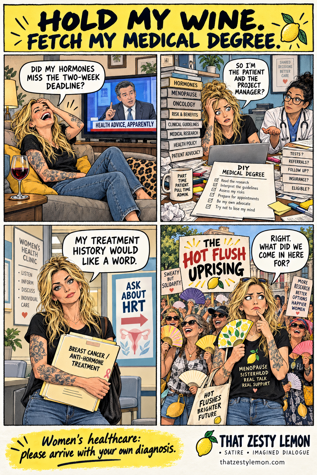 Four-panel menopause satire: TV advice, DIY medical degree, breast cancer treatment history and the hot flush uprising.
