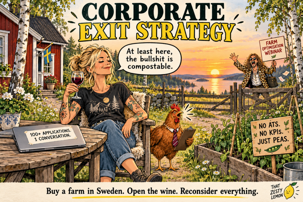 Die Bewerberin trinkt Rotwein vor einem roten schwedischen Bauernhaus. Ein Huhn trägt Krawatte. Tiffany verkauft am Gartenzaun ein Farmoptimierungs-Webinar.