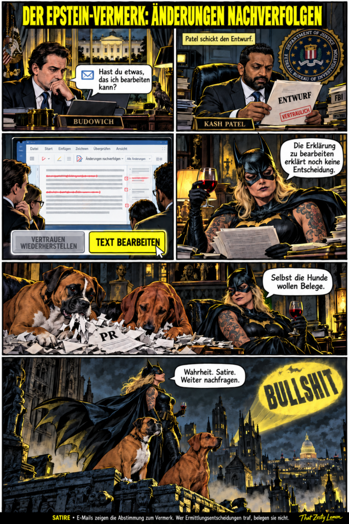 Düsterer satirischer Comic mit Taylor Budowich, Kash Patel, Dani als Batman, Eazy und Hazel sowie dem Bullshit-Signal.