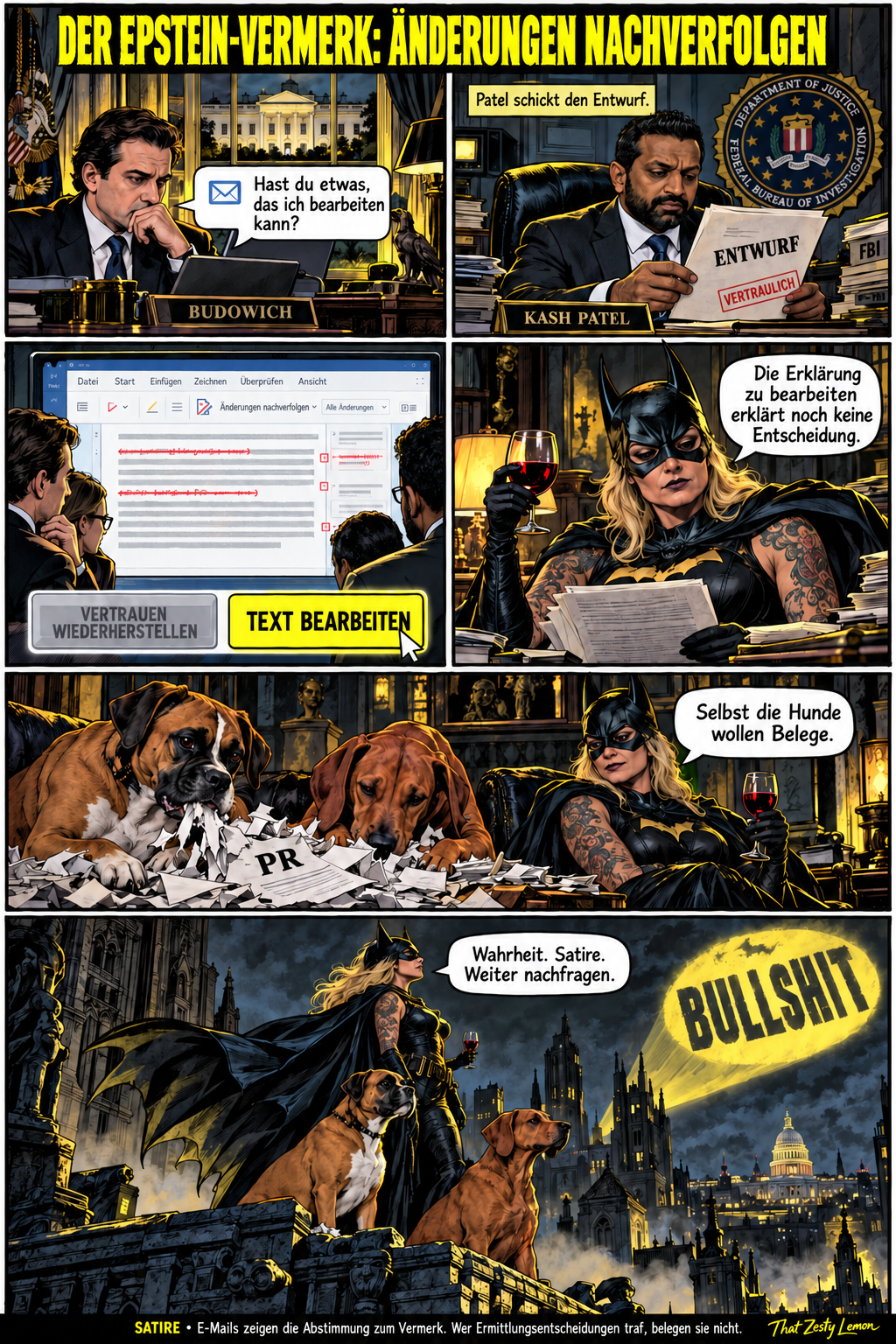 Düsterer satirischer Comic mit Budowich, Kash Patel, Dani als Batman, Eazy und Hazel sowie dem Bullshit-Signal.