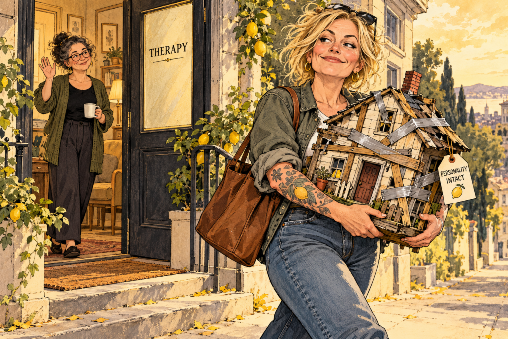 Editorial illustration of a blonde woman leaving therapy carrying a battered house held together with duct tape, tagged Personality Intact.