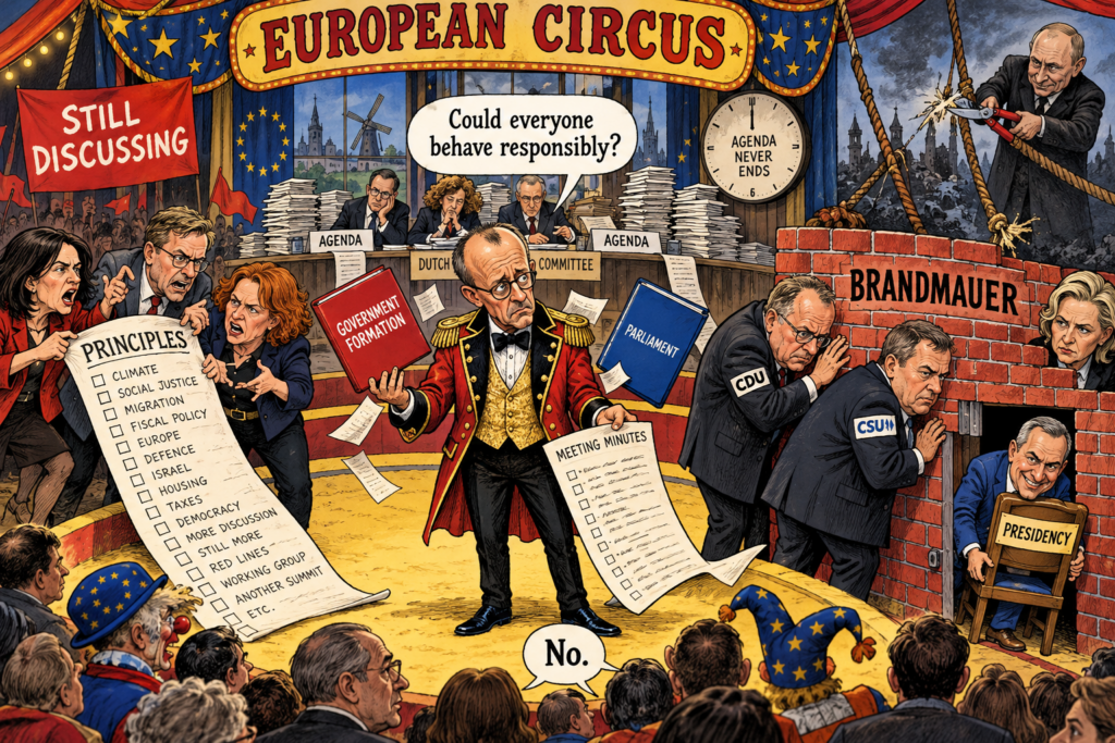 European political circus: Friedrich Merz juggles folders between arguing politicians, a breached firewall, an endless Dutch committee and Putin cutting ropes.