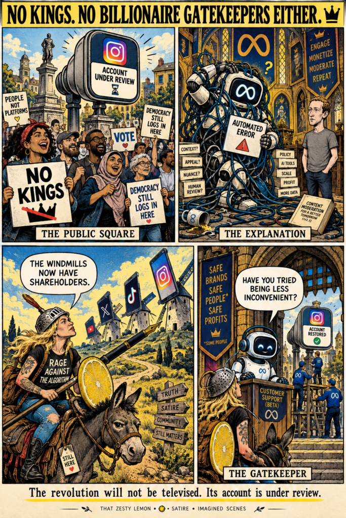 No Kings. No Billionaire Gatekeepers Either. Four-panel satire about automated moderation, digital feudal lords and Don Quixote facing smartphone windmills.