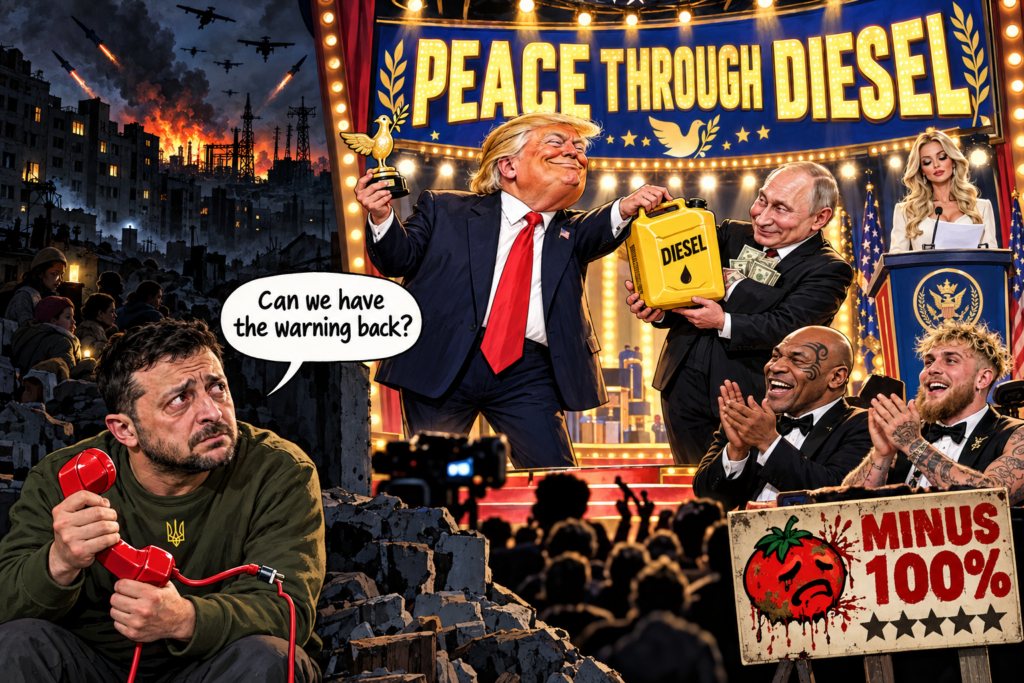Dark satirical cartoon: Zelensky holds a disconnected warning telephone amid ruins while Trump and Putin celebrate diesel on a television stage with celebrity applause.