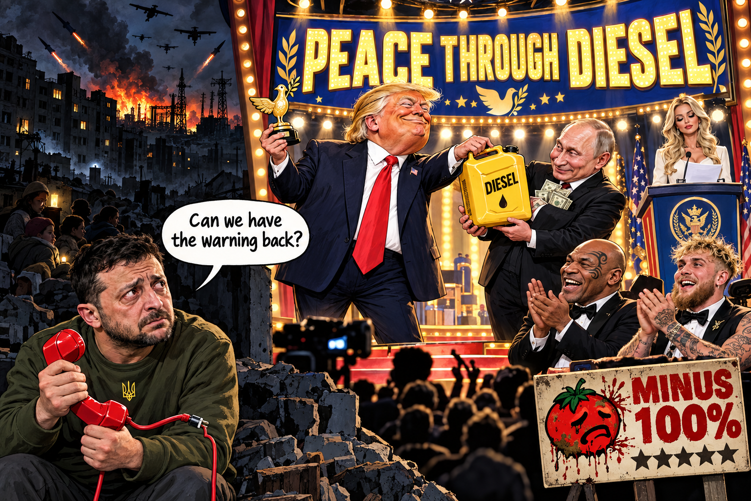 Dark political satire: Zelensky asks for warnings amid ruins as Trump, Putin and celebrity supporters celebrate a diesel deal on stage.