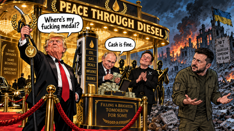 Satirical cartoon: Trump demands a peace medal at a diesel pump while Putin counts cash, Musk applauds, and Zelensky stands beside a ruined Ukrainian city.