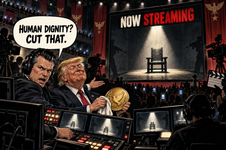 Dark political comic: Pete Hegseth directs an execution broadcast while Trump polishes a peace medal beside a screen showing an empty chair.