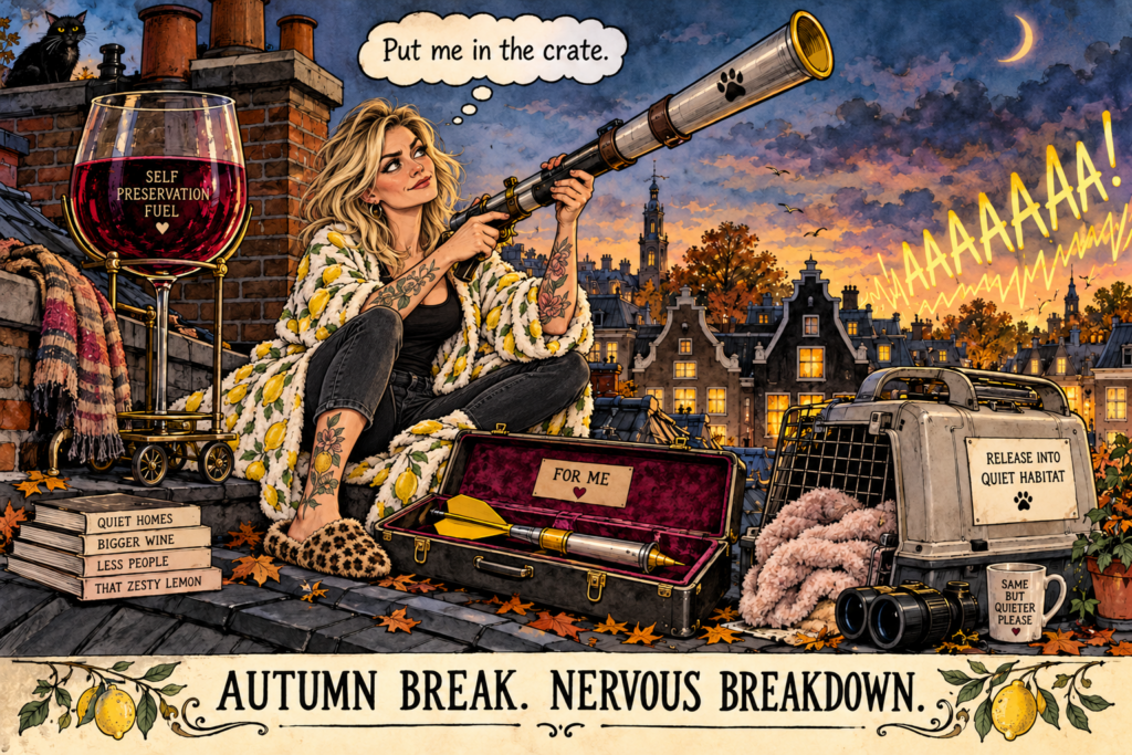 Satirical rooftop fantasy: Dani with a veterinary blowpipe pointed skyward, a transport crate and a giant wine glass.