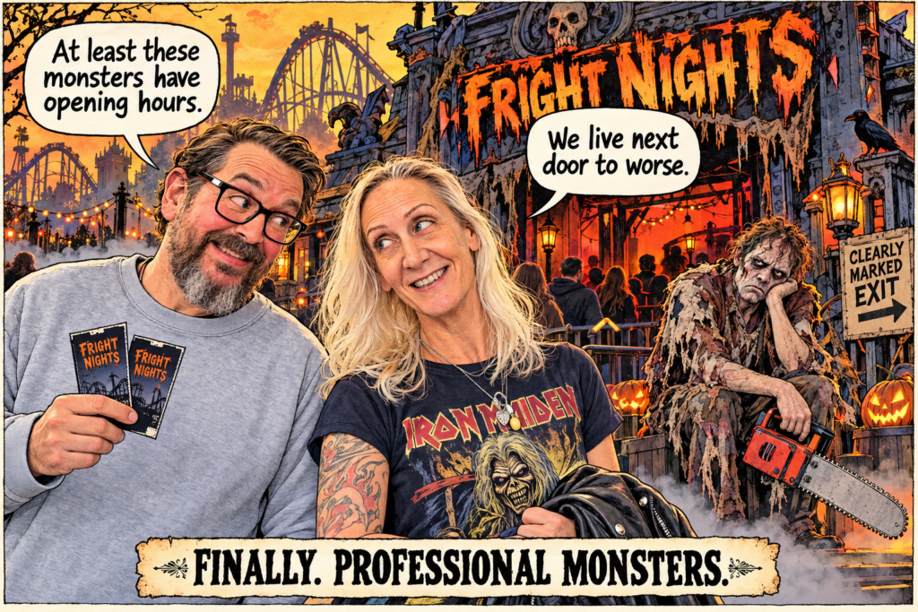 Dani und Mike bleiben bei den Fright Nights unbeeindruckt, während ein professionelles Monster geschlagen wirkt.