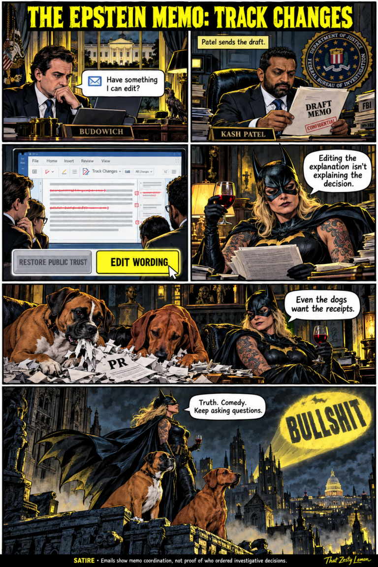 Dark satirical comic featuring Taylor Budowich, Kash Patel, Dani as Batman, Eazy and Hazel, and the bullshit signal.