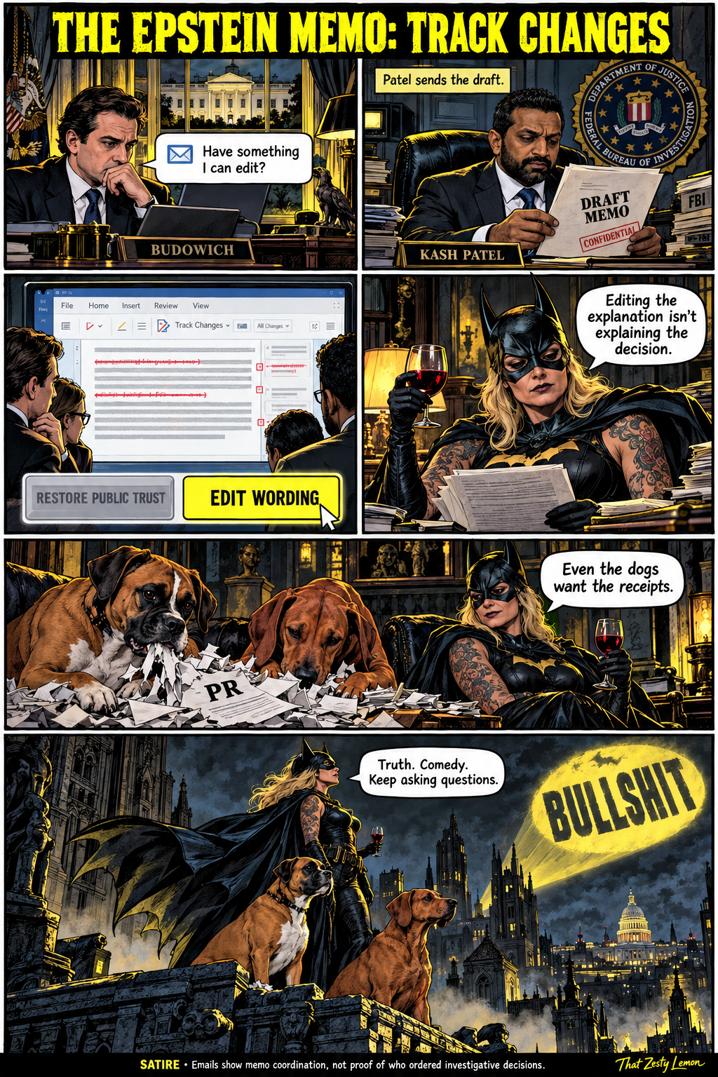 Dark satirical comic featuring Budowich, Kash Patel, Dani as Batman, Eazy and Hazel, and the bullshit signal.