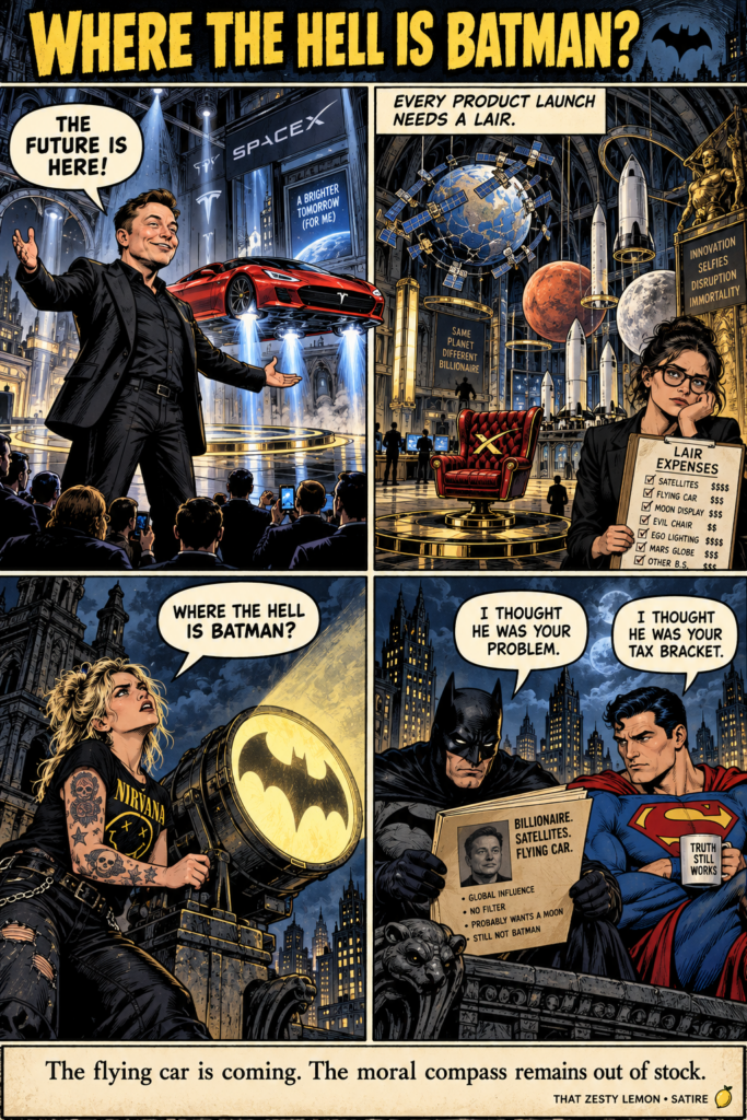 Four-panel superhero satire: Musk presents a flying car in a gothic lair; Dani summons Batman; Batman and Superman argue over whose problem the billionaire is.