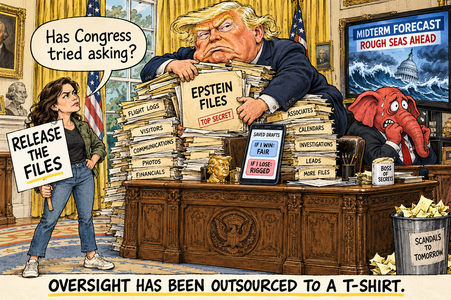 Satirical cartoon: a woman demands the Epstein files while Trump guards folders and a Republican elephant fears the midterms.