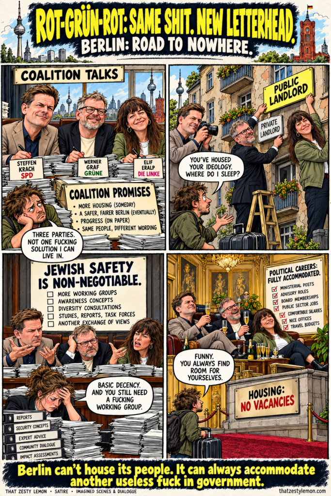 Four-panel imagined satire featuring Steffen Krach, Werner Graf and Elif Eralp: coalition paperwork, changing landlord signs, arguments over basic decency, and comfortable political careers beside a housing shortage.