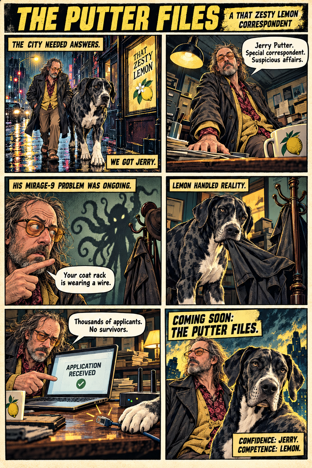 The Putter Files: six-panel noir comic introducing Jerry Putter and Lemon, the Pocket Chaos Dane who handles reality.