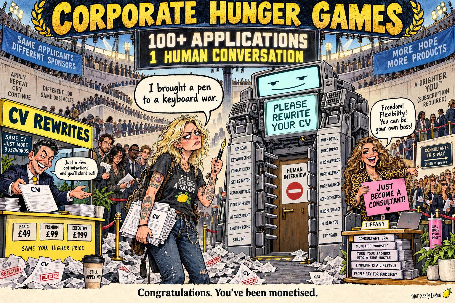Corporate-Hunger-Games-Arena: Eine Bewerberin mit einem Füller steht vor einem KI-Türsteher. Verkäufer bieten Lebenslaufoptimierung und Beratungskarrieren an.