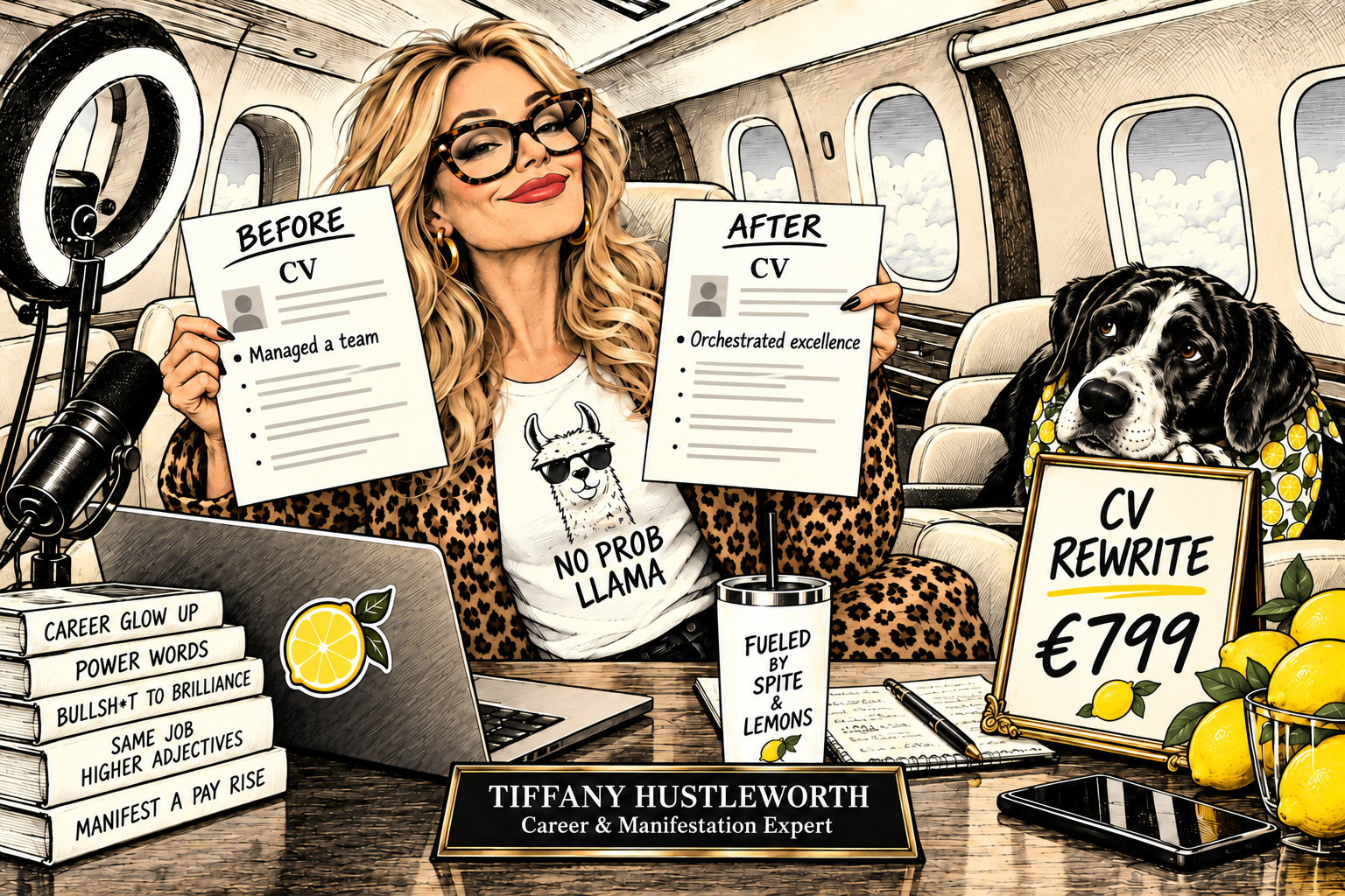 Tiffany Hustleworth holds before-and-after CVs beside a €799 rewrite sign and a sceptical dog.