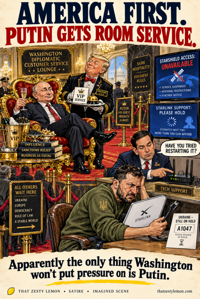 Satirical imagined scene: Trump serves Putin as a luxury concierge while Rubio offers router advice and Zelensky waits for satellite support.