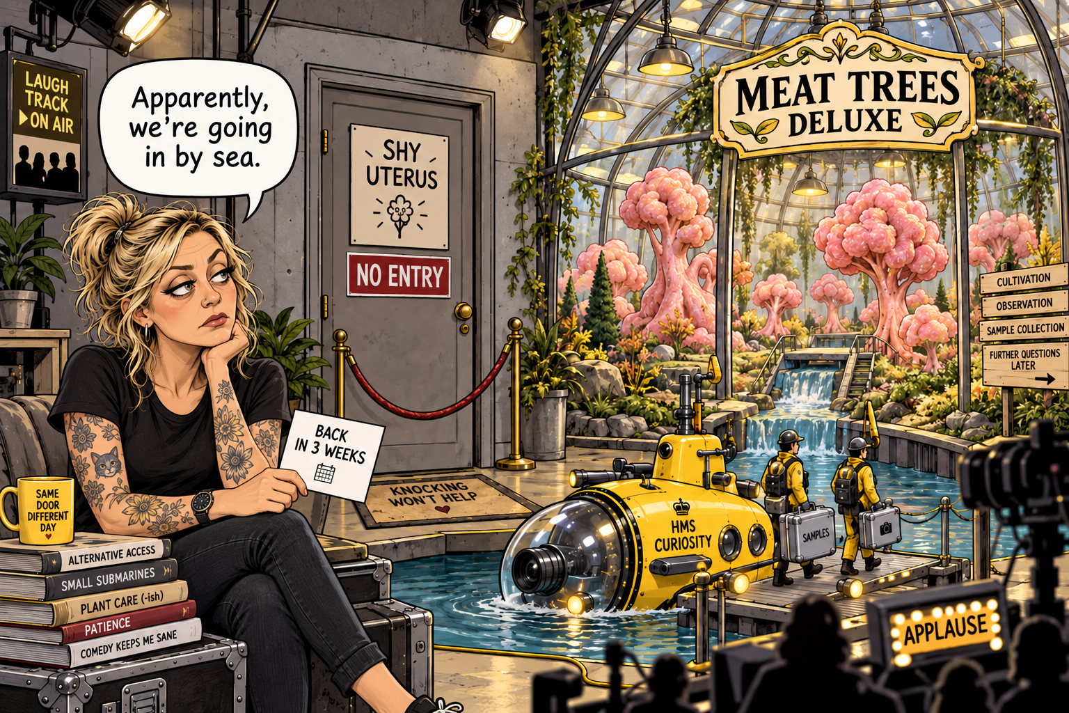 Satirical cartoon: a woman waits beside a shy uterus door as a camera submarine prepares to explore a greenhouse of imaginary meat trees.