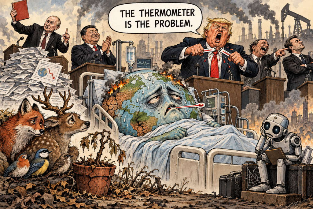 Dark satirical cartoon of a feverish Earth in a hospital bed as Trump breaks a thermometer, politicians ignore the crisis, and animals and a robot watch.