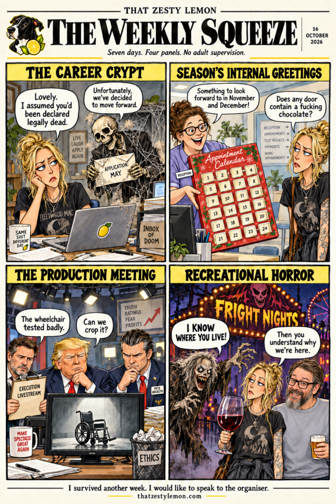 The Weekly Squeeze, 16 October 2026: four satirical panels about a May job rejection, hospital appointments, execution livestream optics and Dani and Mike at Fright Nights.