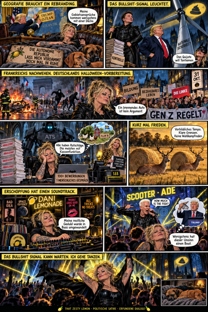 Deutscher Gotham-Satire-Comic in acht Szenen: Sofa-Republik, Trump und Musk, Proteste, Corporate Hunger Games, Rehe, Dani Lemonades Musik und Scooter. Dani trägt Batman-Cape und Fledermaus-Emblem.