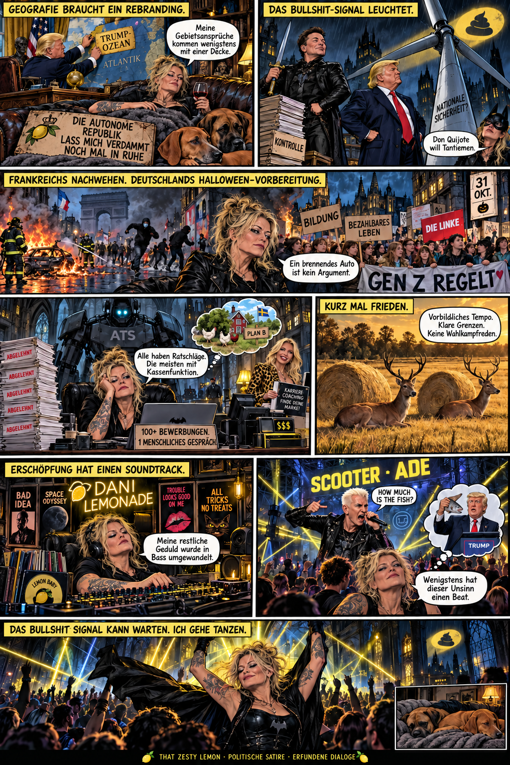 Deutscher achtteiliger Gotham-Satire-Comic mit Dani als Batman, Trump, Musk, Protesten, Bewerbungschaos, Hunden, Rehen, Musik und Scooter.