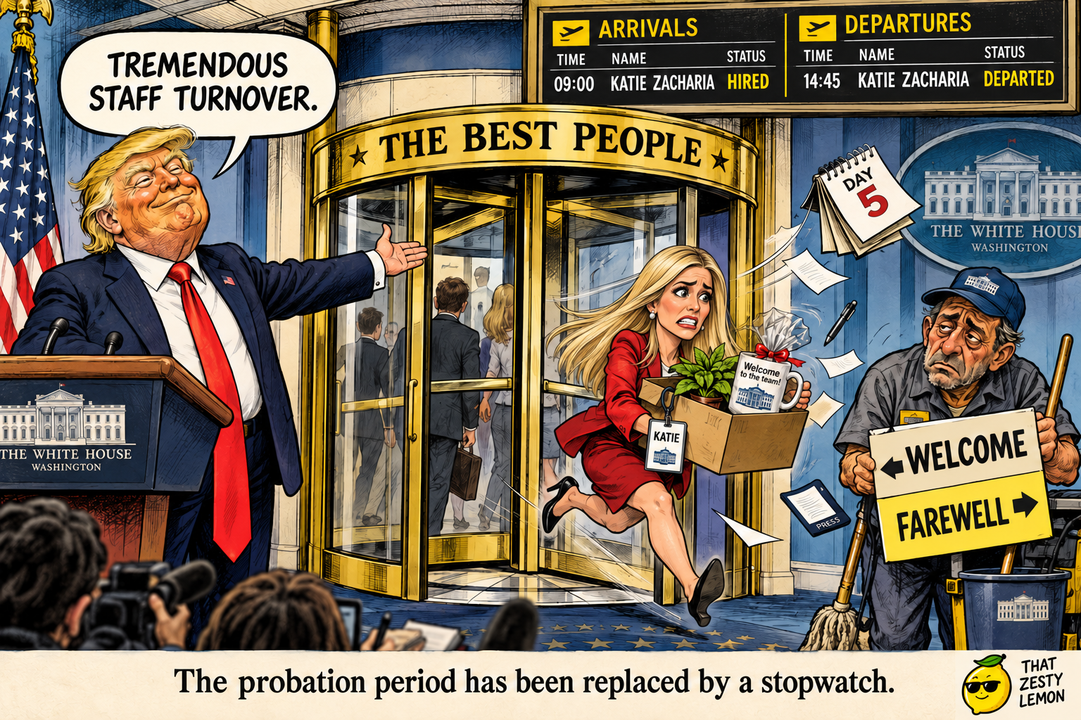 Satirical cartoon of Trump boasting beside a White House revolving door as blonde Katie Zacharia leaves with a cardboard box after five days.