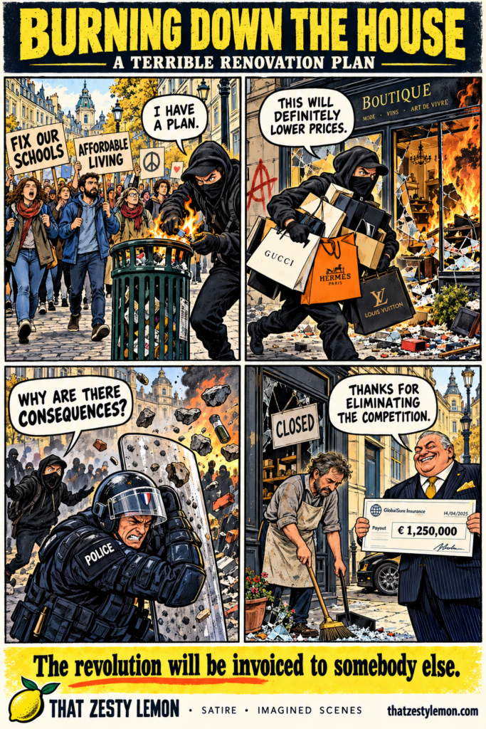 Four-panel satire: a vandal hijacks a peaceful march, loots a boutique, complains about consequences, and leaves a small shopkeeper sweeping glass while a billionaire celebrates.