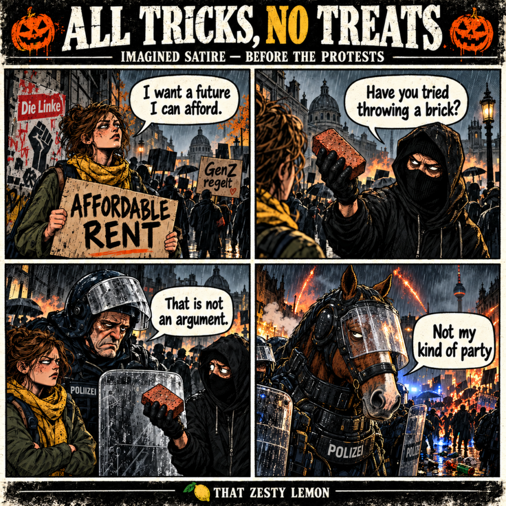 Imagined noir satire before the Halloween protests: peaceful protester, masked brick-holder, weary officer and police horse in riot gear saying “Not my kind of party”.