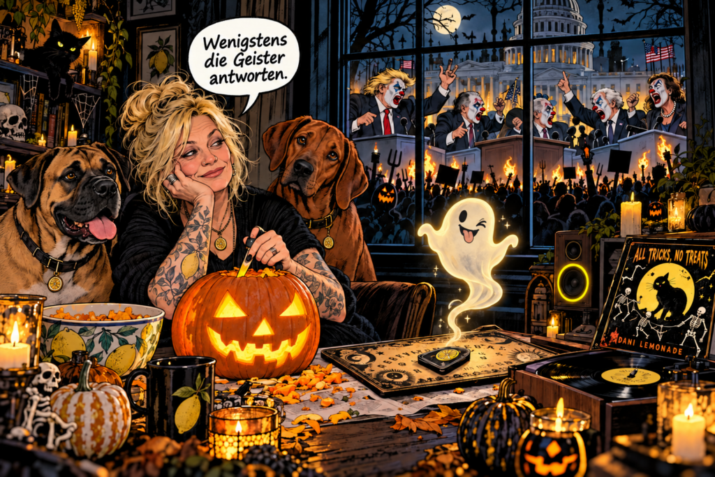 Halloween-Cartoon: Dani schnitzt mit Eazy und Hazel einen Kürbis. Ein Geist erscheint am Ouija-Brett, während draußen Politik-Clowns streiten. „Wenigstens die Geister antworten.“