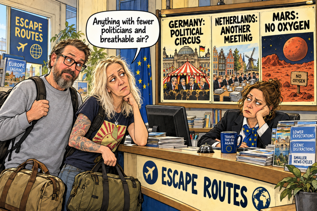 Dani und Mike fragen im Reisebüro nach einem Fluchtweg: Deutschland bietet Politikzirkus, die Niederlande noch eine Sitzung und der Mars keinen Sauerstoff.