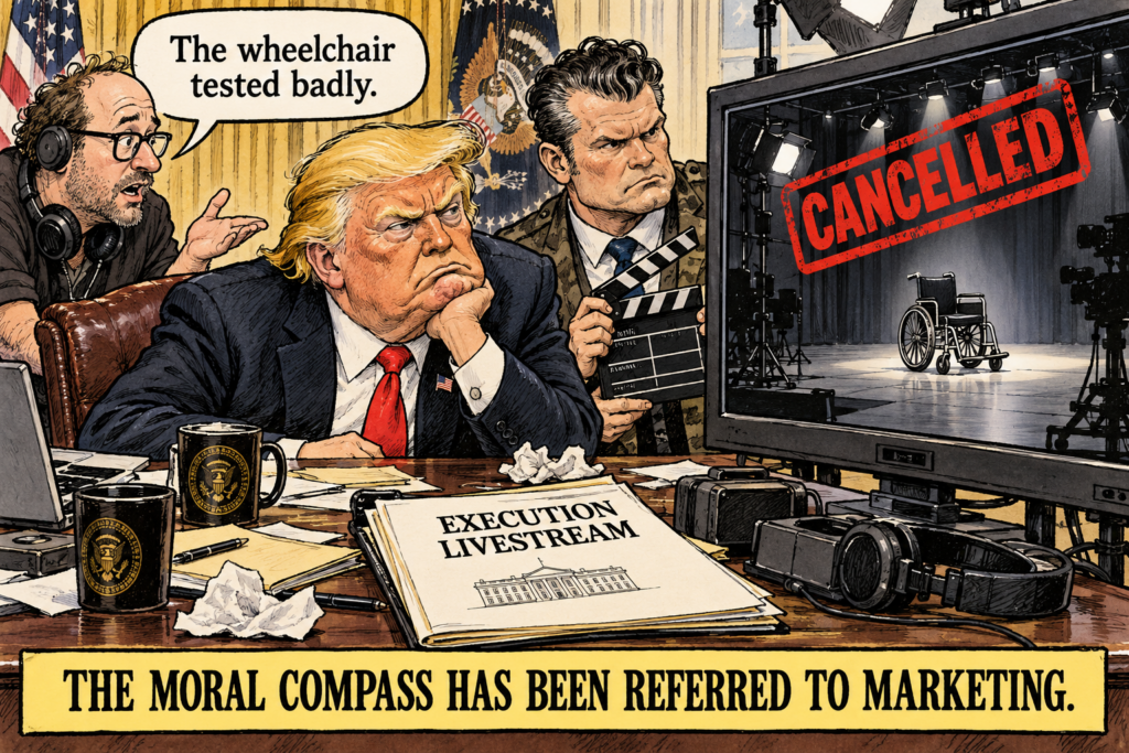 Satirical cartoon of Trump and Hegseth reviewing an execution broadcast cancelled because the wheelchair tested badly.